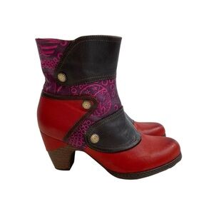 Italmoda red genuine leather ankle boots boho artsy patchwork chunky heel 36